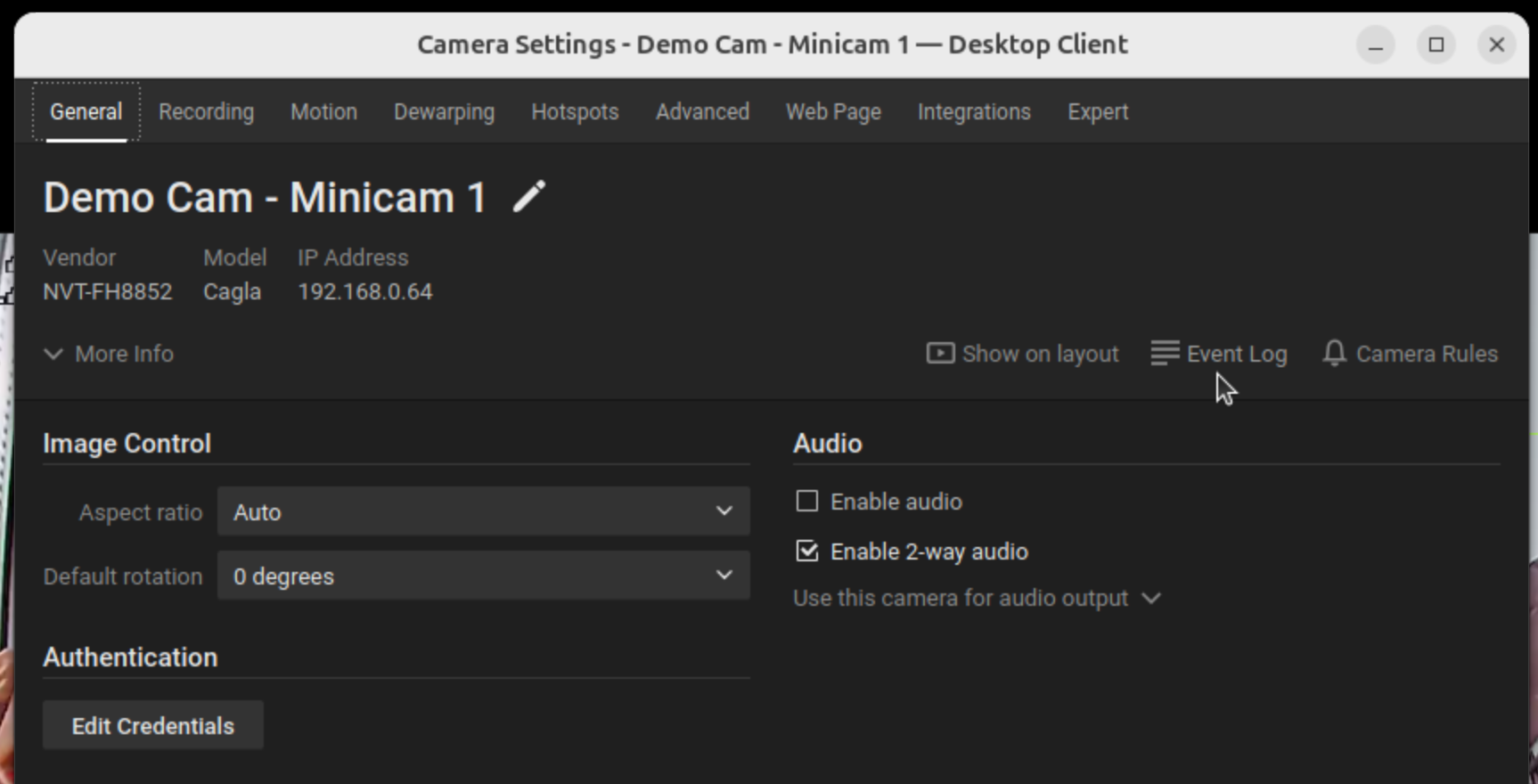 hf camera settings event log