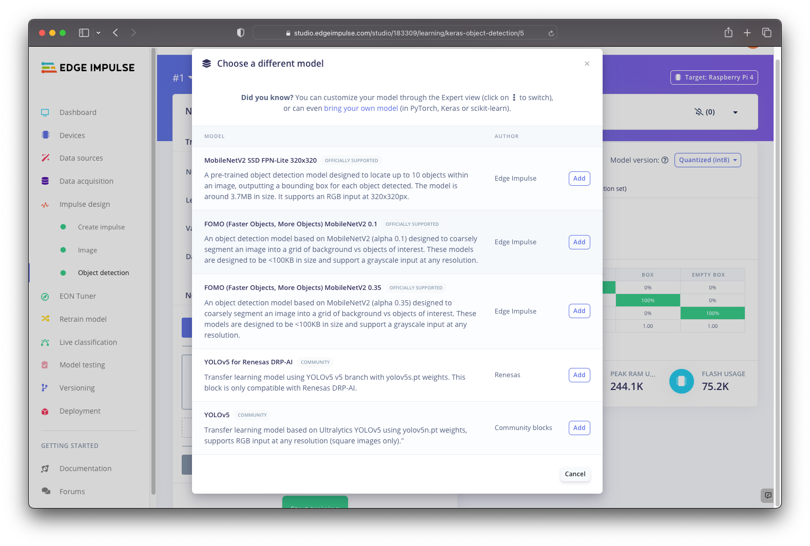 Edge Impulse model selection screen showing FOMO MobileNetV2 and YOLOv5 options