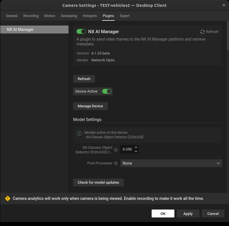 Nx AI Manager plugin interface after Hailo runtime installation showing active pipeline configuration