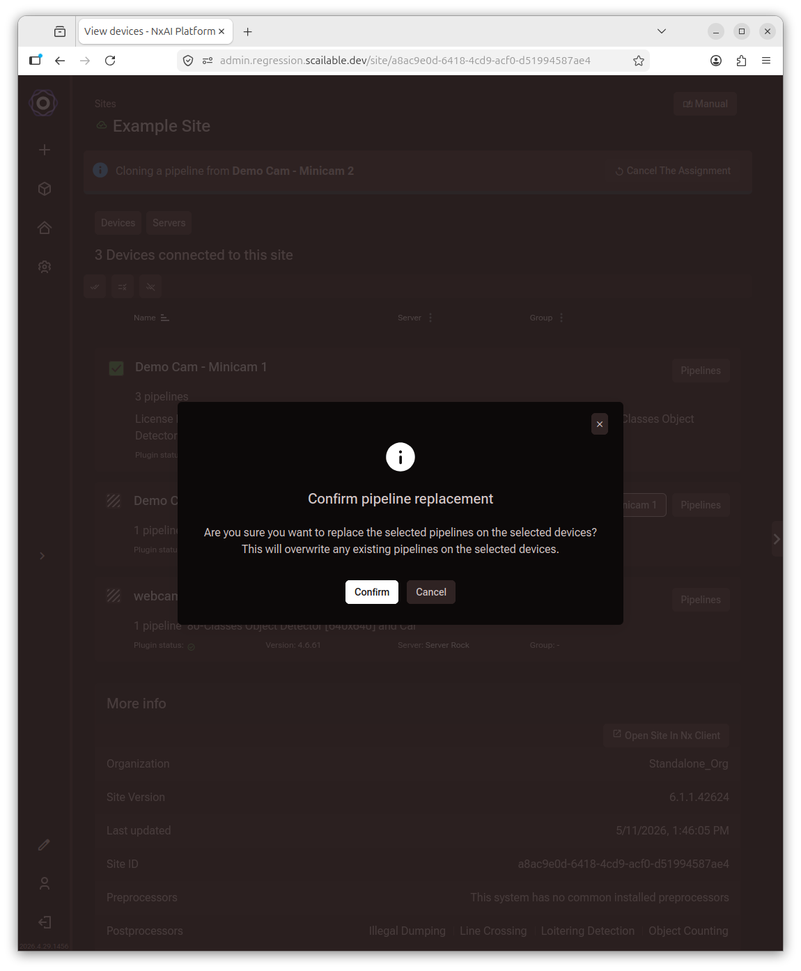 Confirm pipeline replacement dialog asking if you are sure you want to replace the
selected pipelines, with Confirm and Cancel buttons