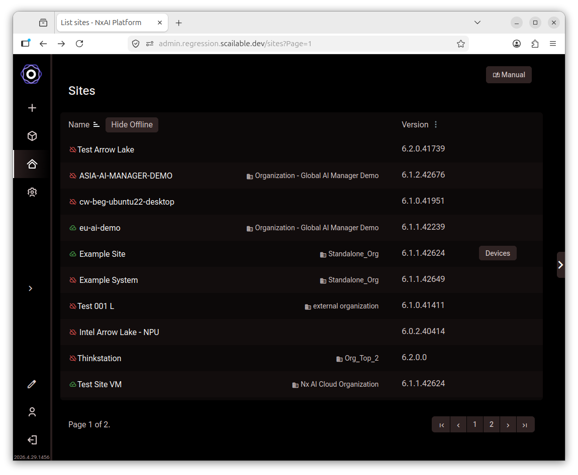 Nx AI Cloud sites listing page showing multiple sites with green online and red offline
status indicators, version numbers, and a Hide Offline toggle