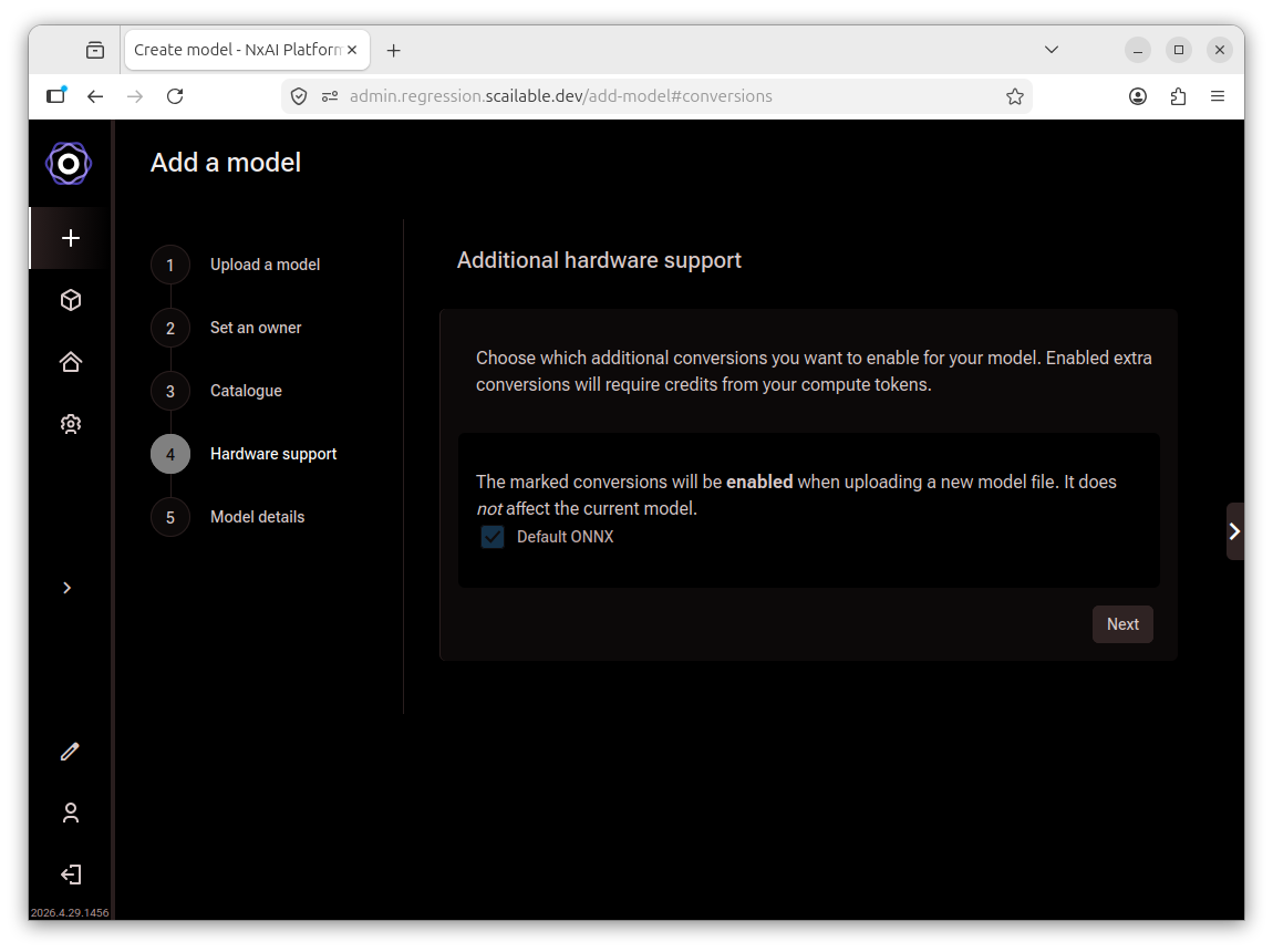 Add a model wizard showing the Additional hardware support step with Default ONNX
checked and a note that enabled conversions will require compute tokens