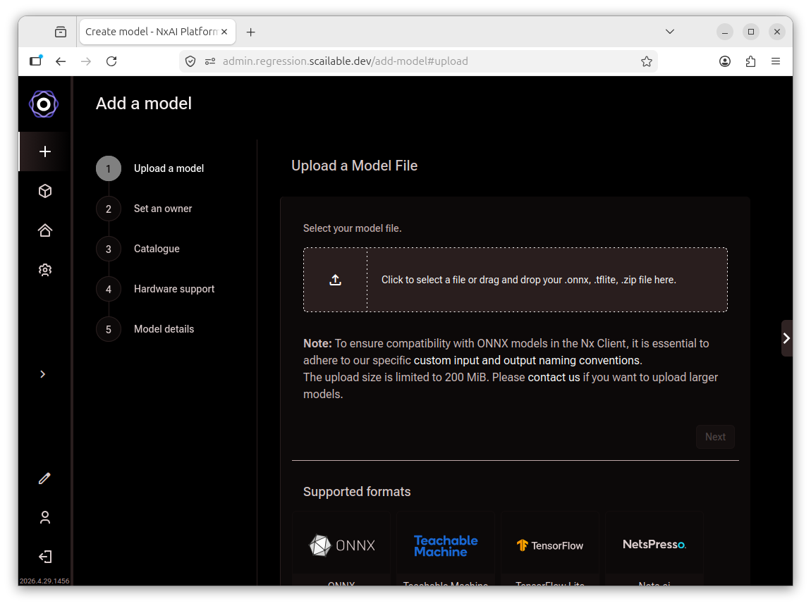 Add a model wizard showing the Upload a Model File step with a drag-and-drop area and
supported format icons below