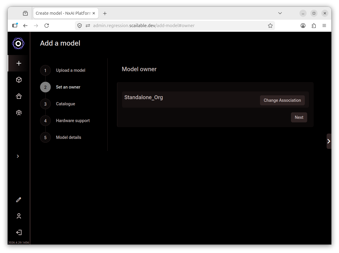 Add a model wizard with a single organisation pre-selected and a Change Association
button