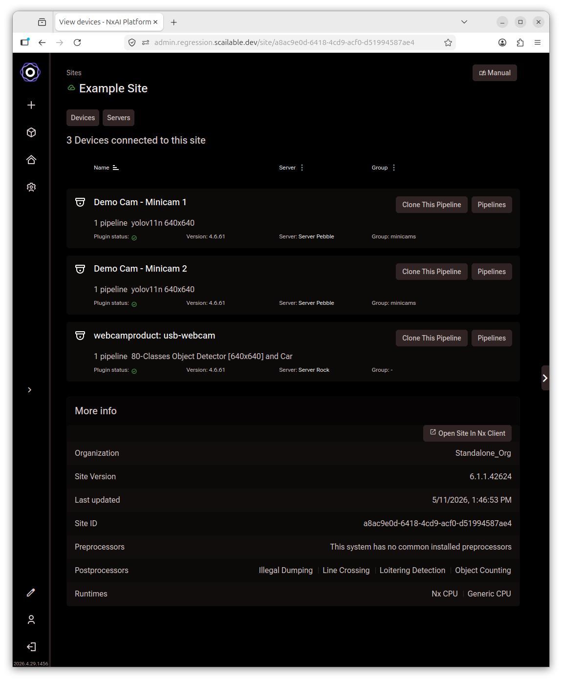 Site devices list showing all three devices now have the same pipeline assigned and
Clone This Pipeline buttons visible on each row