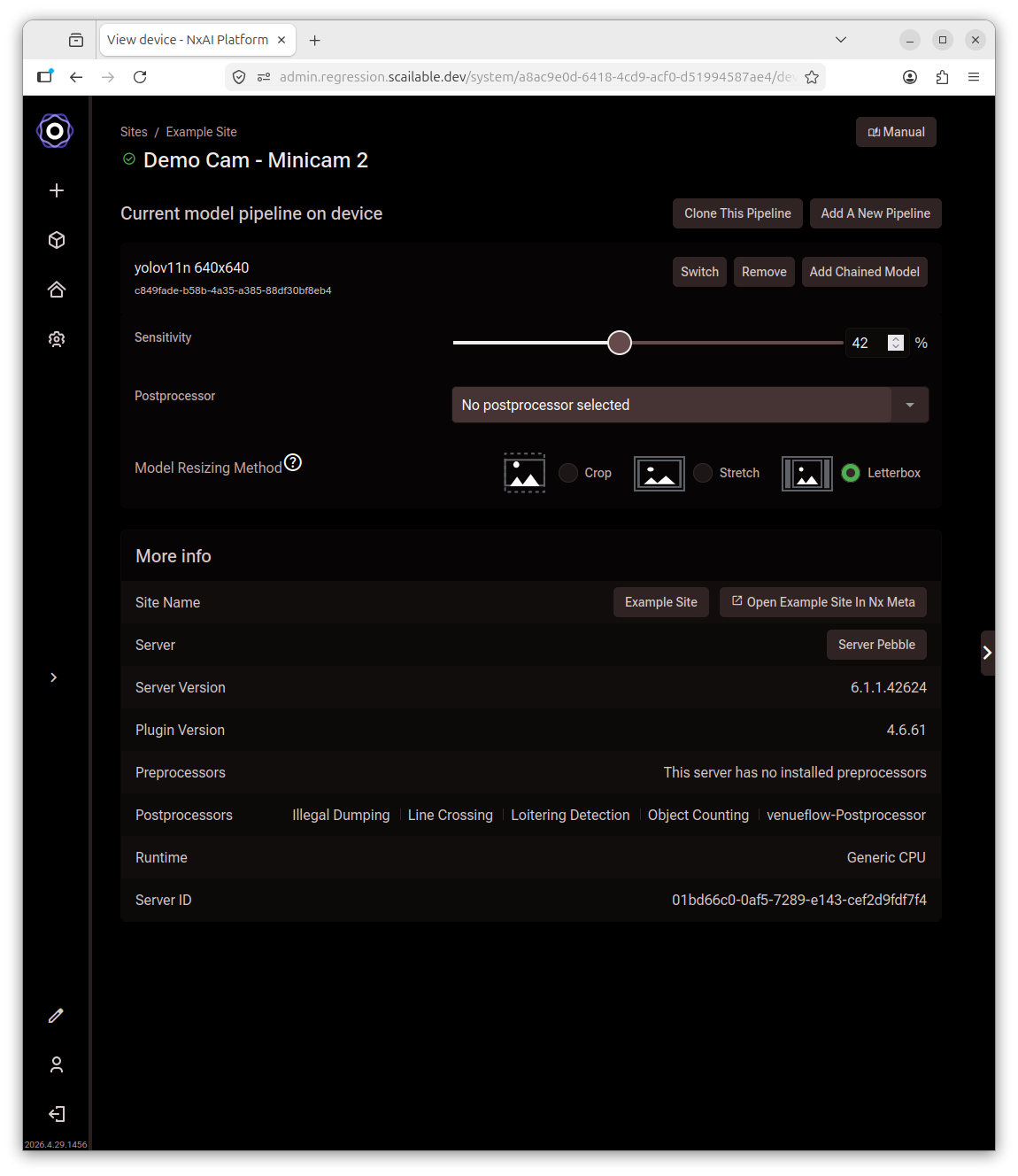 Device detail page showing the current model pipeline with Add A New Pipeline, Switch,
Remove, and Add Chained Model buttons, plus sensitivity and postprocessor controls