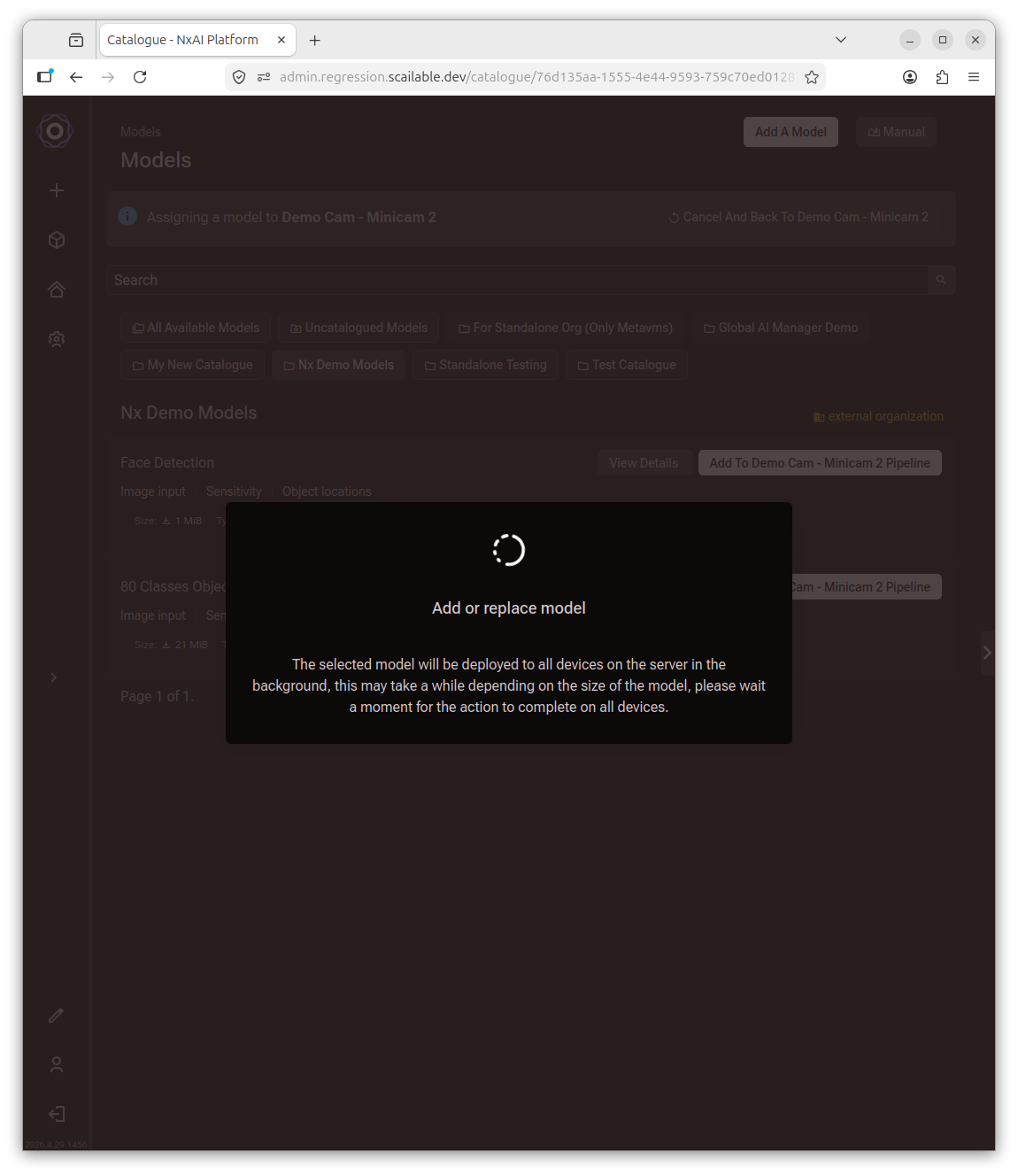 Add or replace model dialog with a spinner and a message that the selected model will
be deployed to all devices on the server in the background