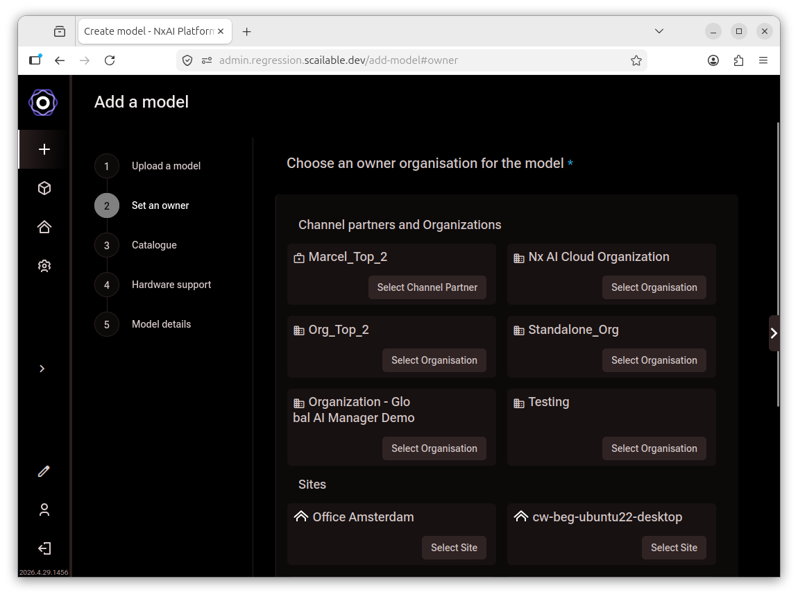 Add a model wizard showing a list of channel partners and organisations to choose from,
each with a Select button