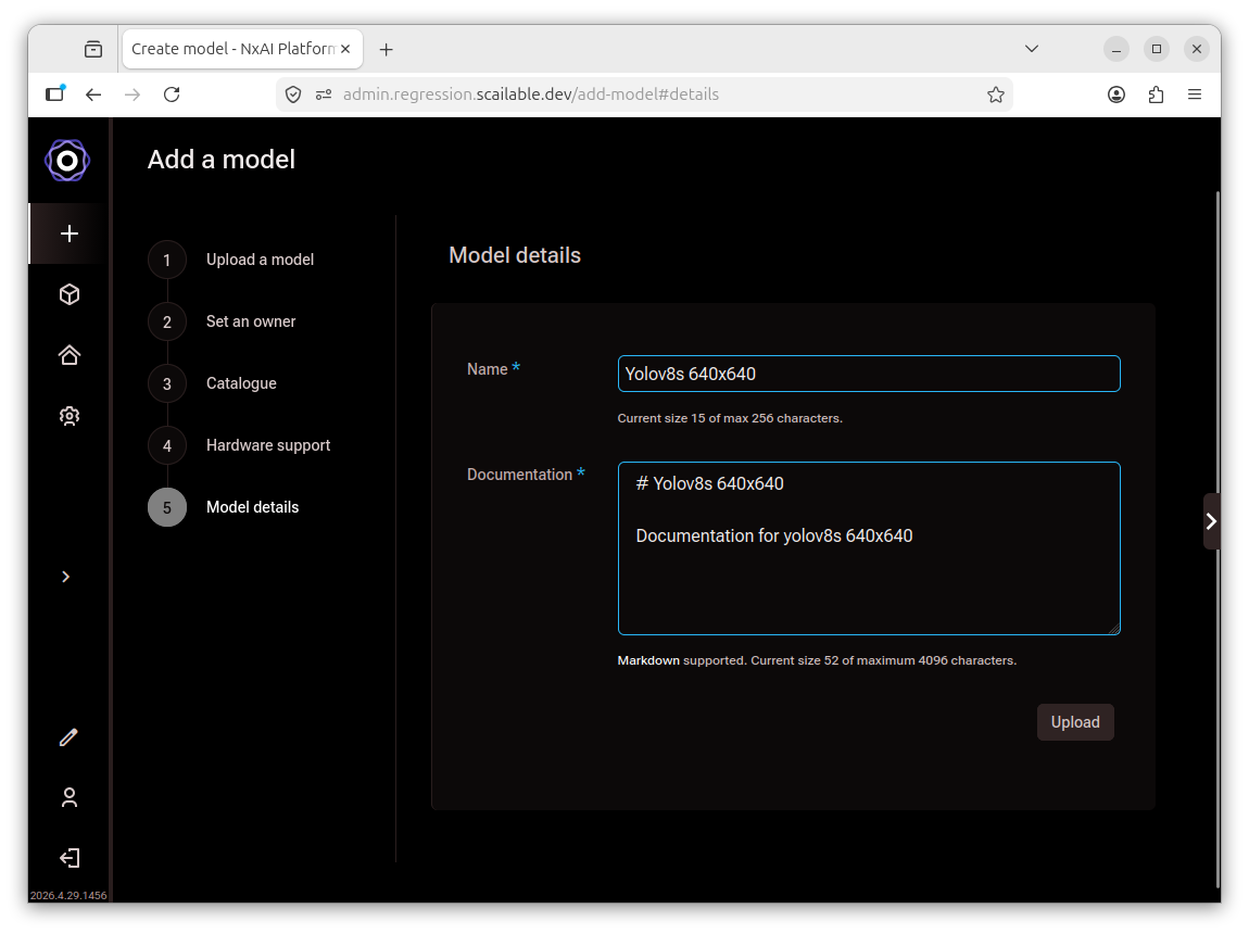 Add a model wizard showing the Model details step with Name and Documentation fields
filled in, and an Upload button at the bottom