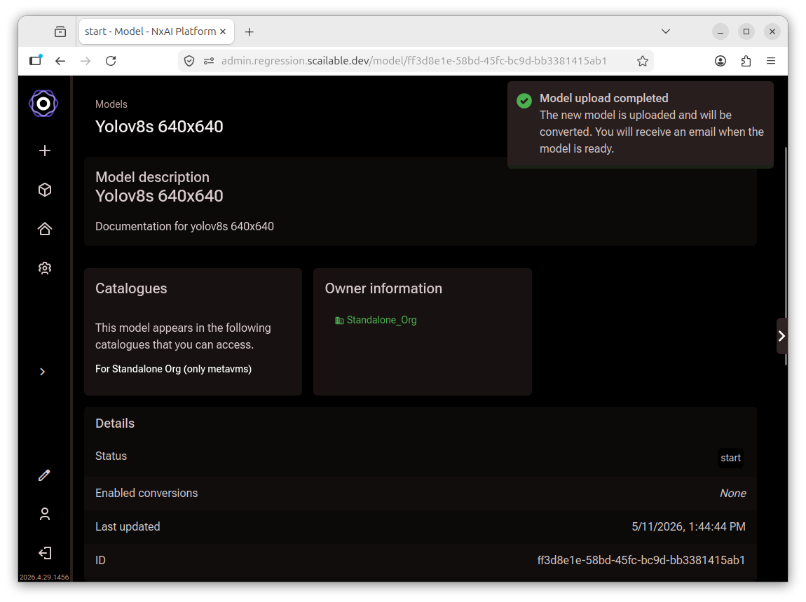 Model detail page showing a Model upload completed notification and the model status,
catalogues, and owner information