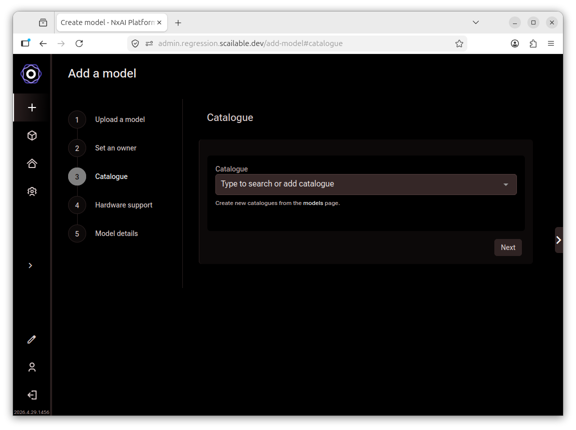 Add a model wizard showing the Catalogue step with an empty search field and a note
that new catalogues can be created from the models page