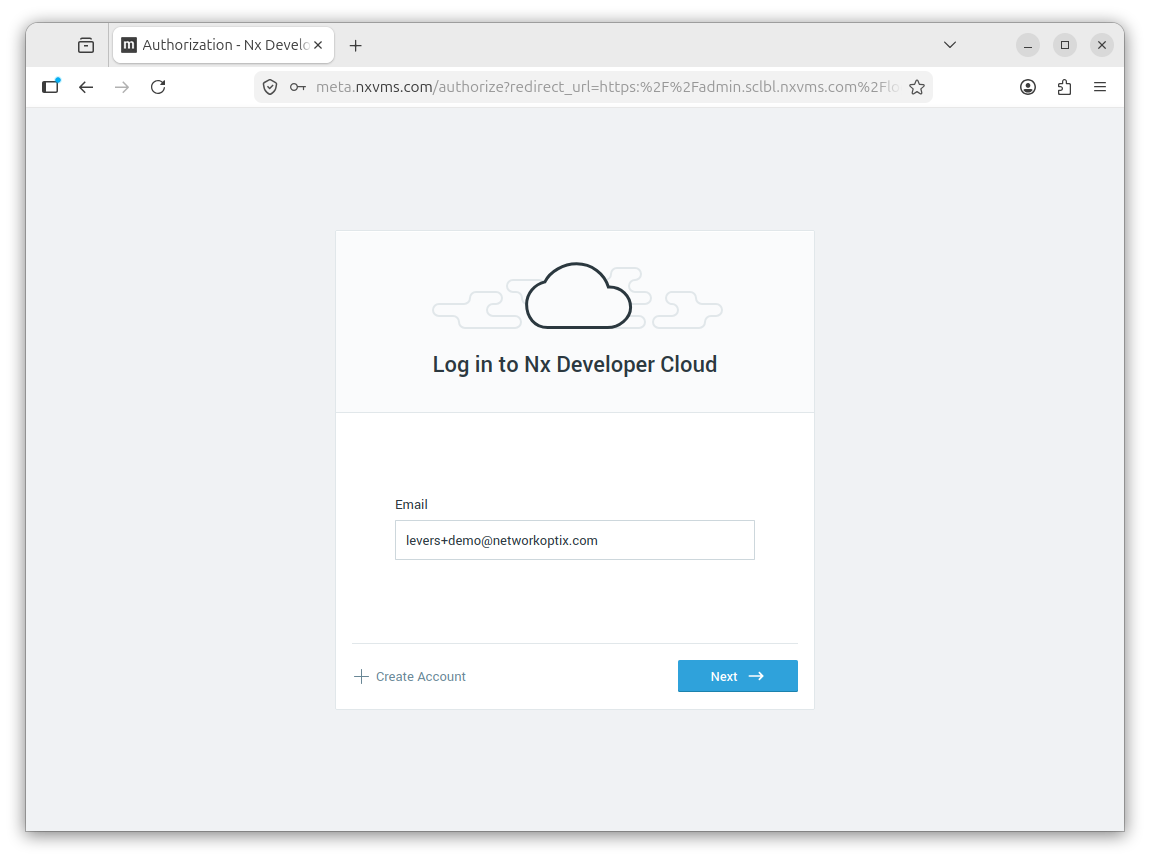 The Nx AI Cloud admin interface login screen