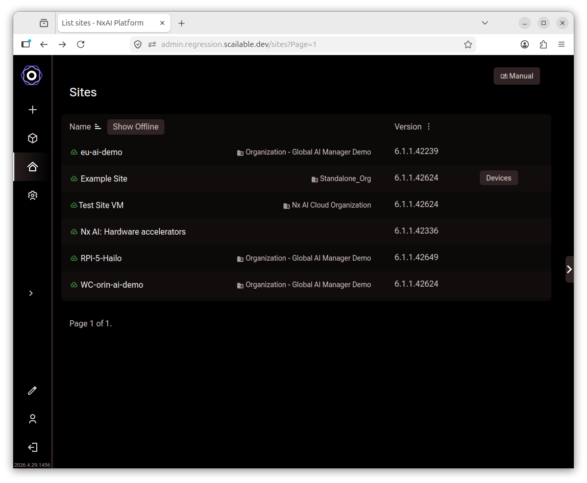 Nx AI Cloud sites listing page showing only online sites with green status indicators
and a Show Offline toggle