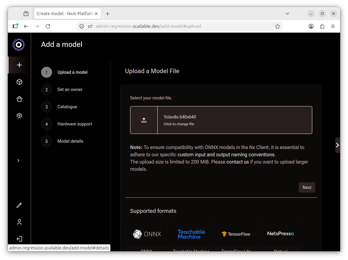 Add a model wizard with a model file selected, showing the filename and a Click to
change file link