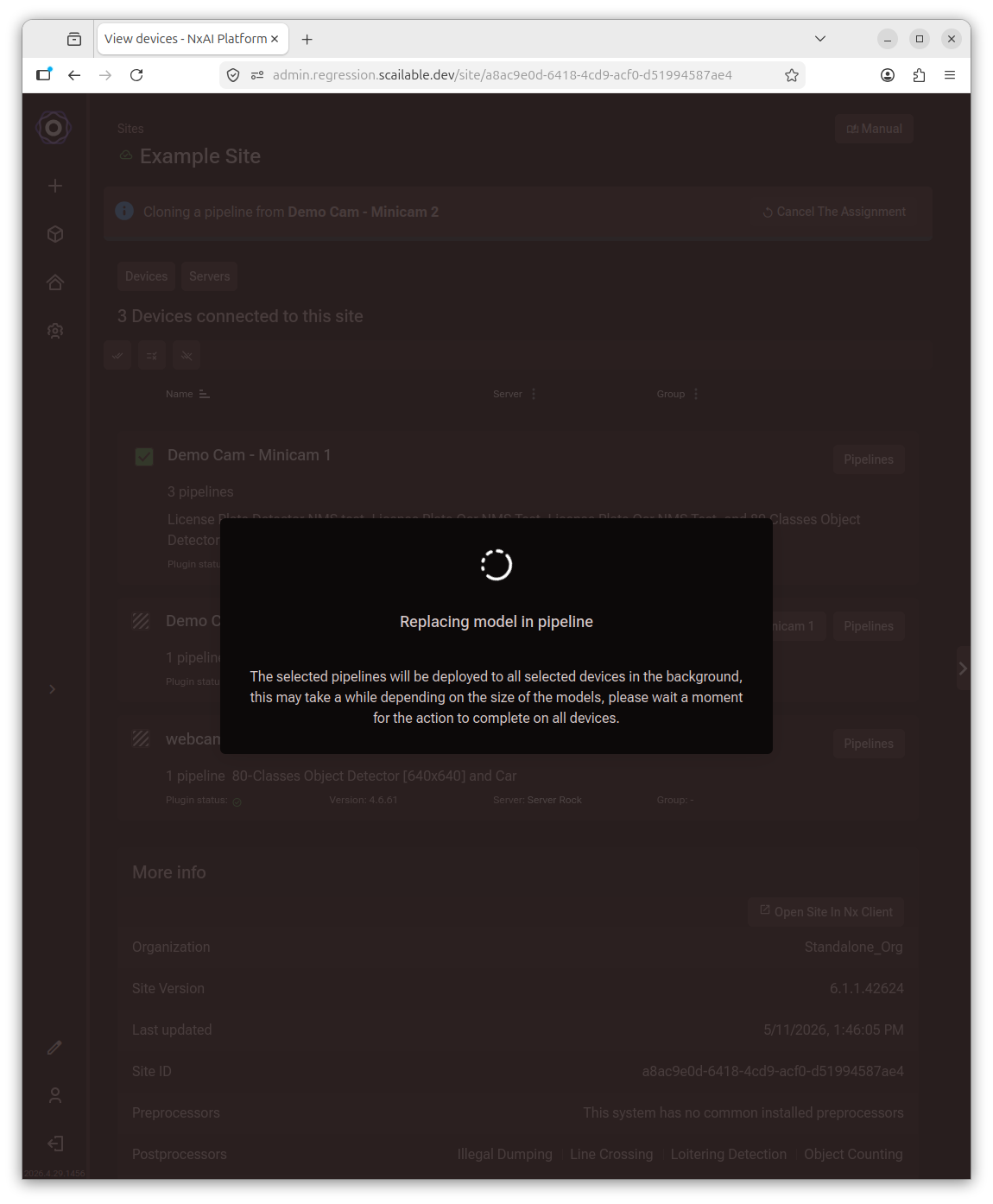 Replacing model in pipeline dialog with a spinner and a message that the selected
pipelines will be deployed to all selected devices in the background