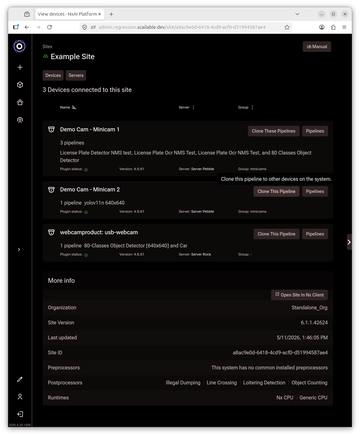 Site devices list with Clone This Pipeline button visible on hover next to a device
row and a tooltip reading Clone this pipeline to other devices on the system