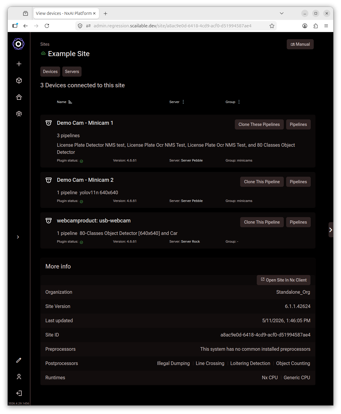 A site's device list showing three cameras with their assigned model pipelines and
Clone This Pipeline buttons