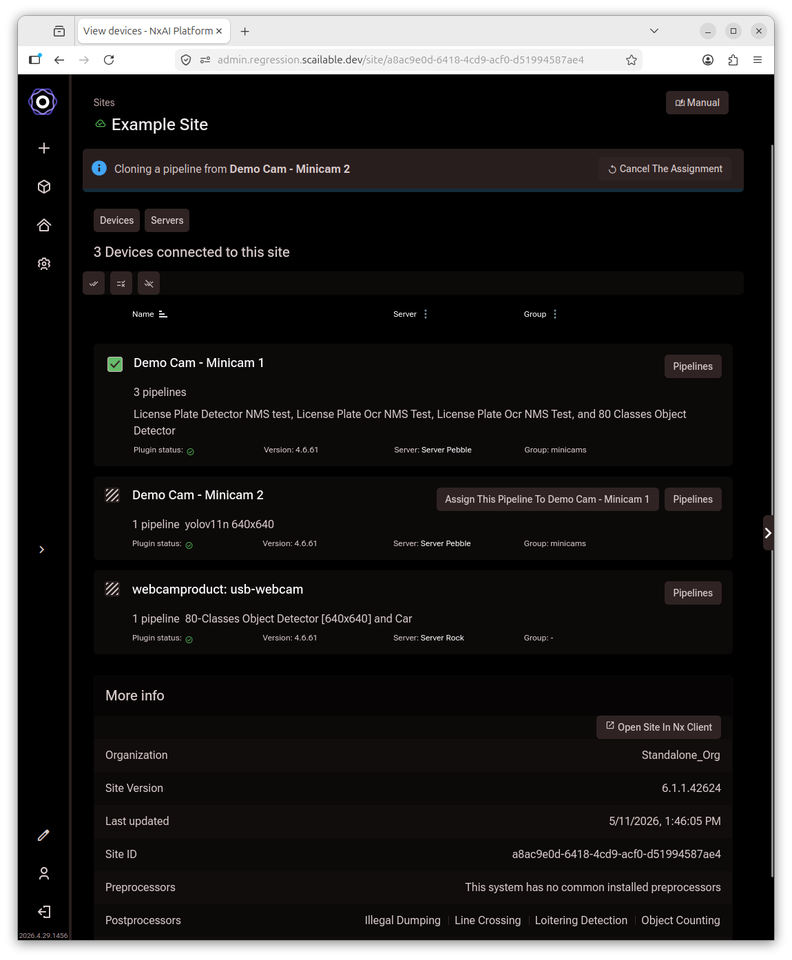 Site devices list with a Cloning a pipeline from Demo Cam - Minicam 2 banner at the
top and a checkbox selected on the target device row