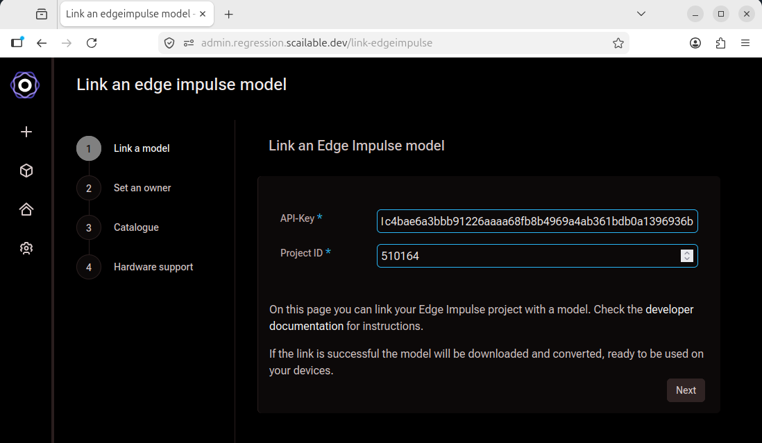 edgeimpulse link keys entered