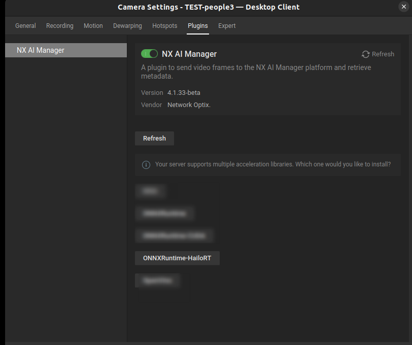 AI Manager plugin interface showing the Hailo runtime selected in the runtime dropdown