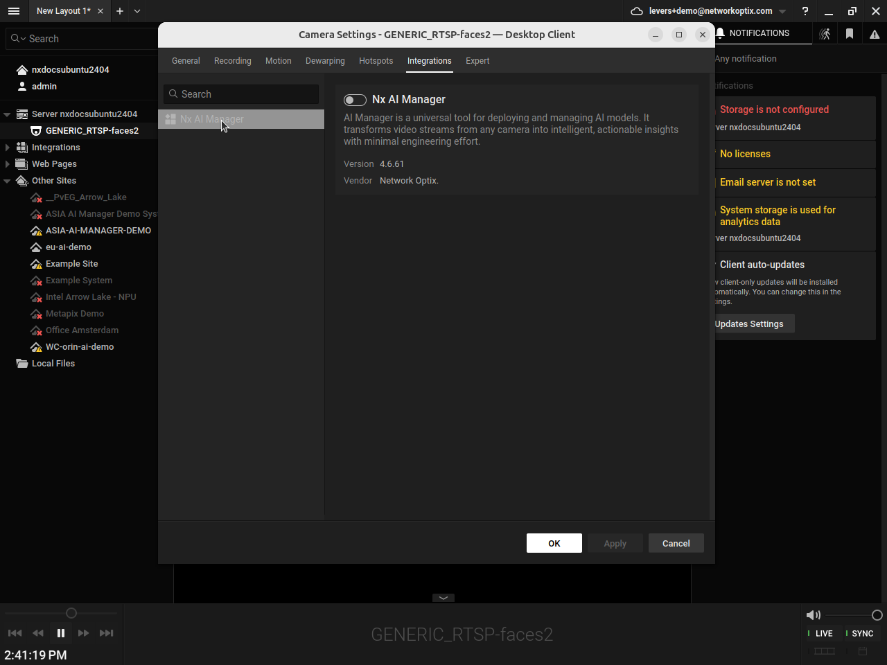 Camera Settings Integrations tab showing the AI Manager toggle in the off/disabled position