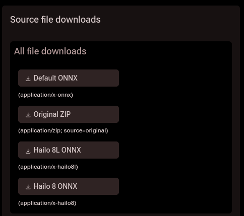 Model detail page showing available artifact download types including Hailo 8 ONNX and
Hailo 8L ONNX entries