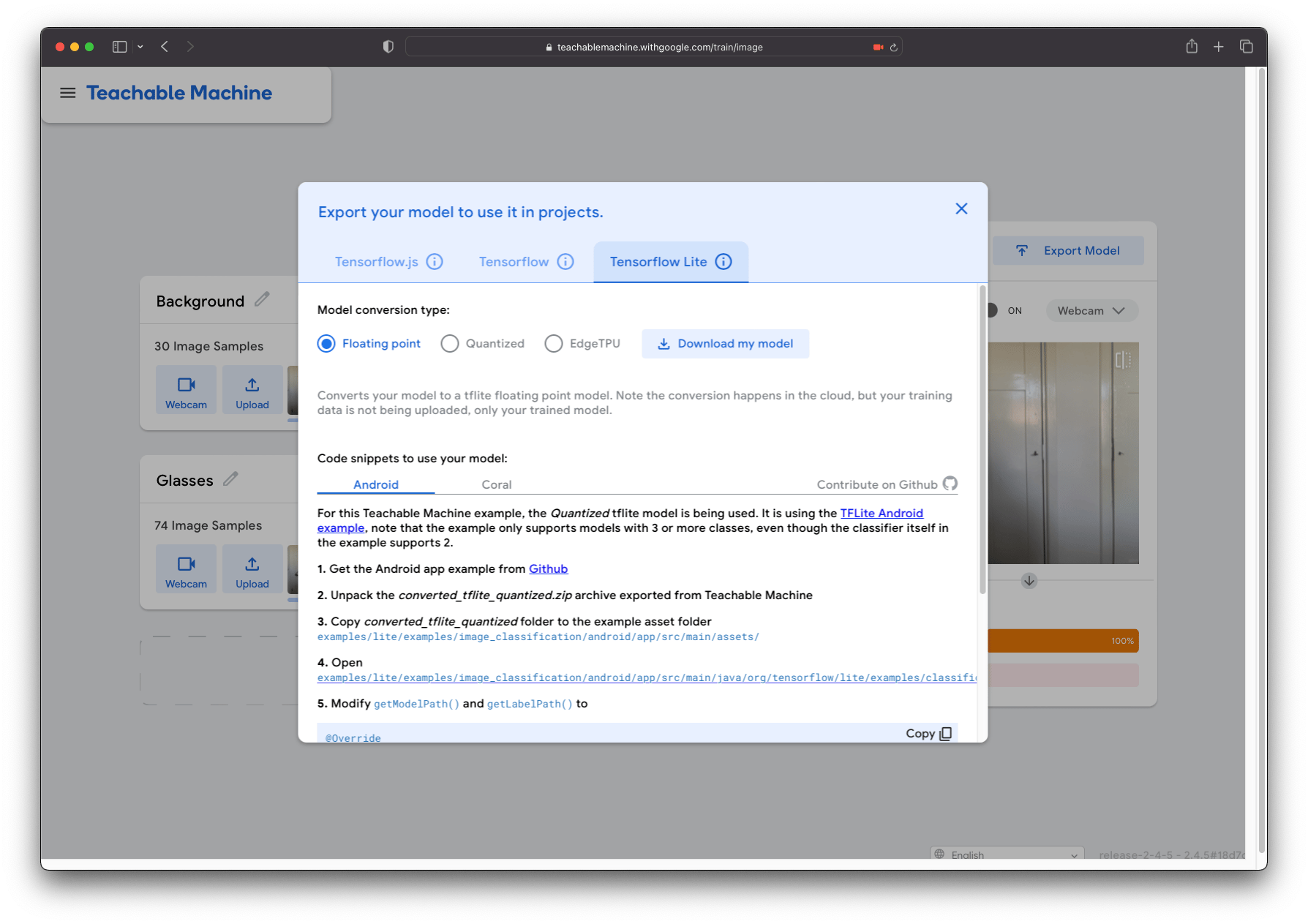 teachable machine tflite download