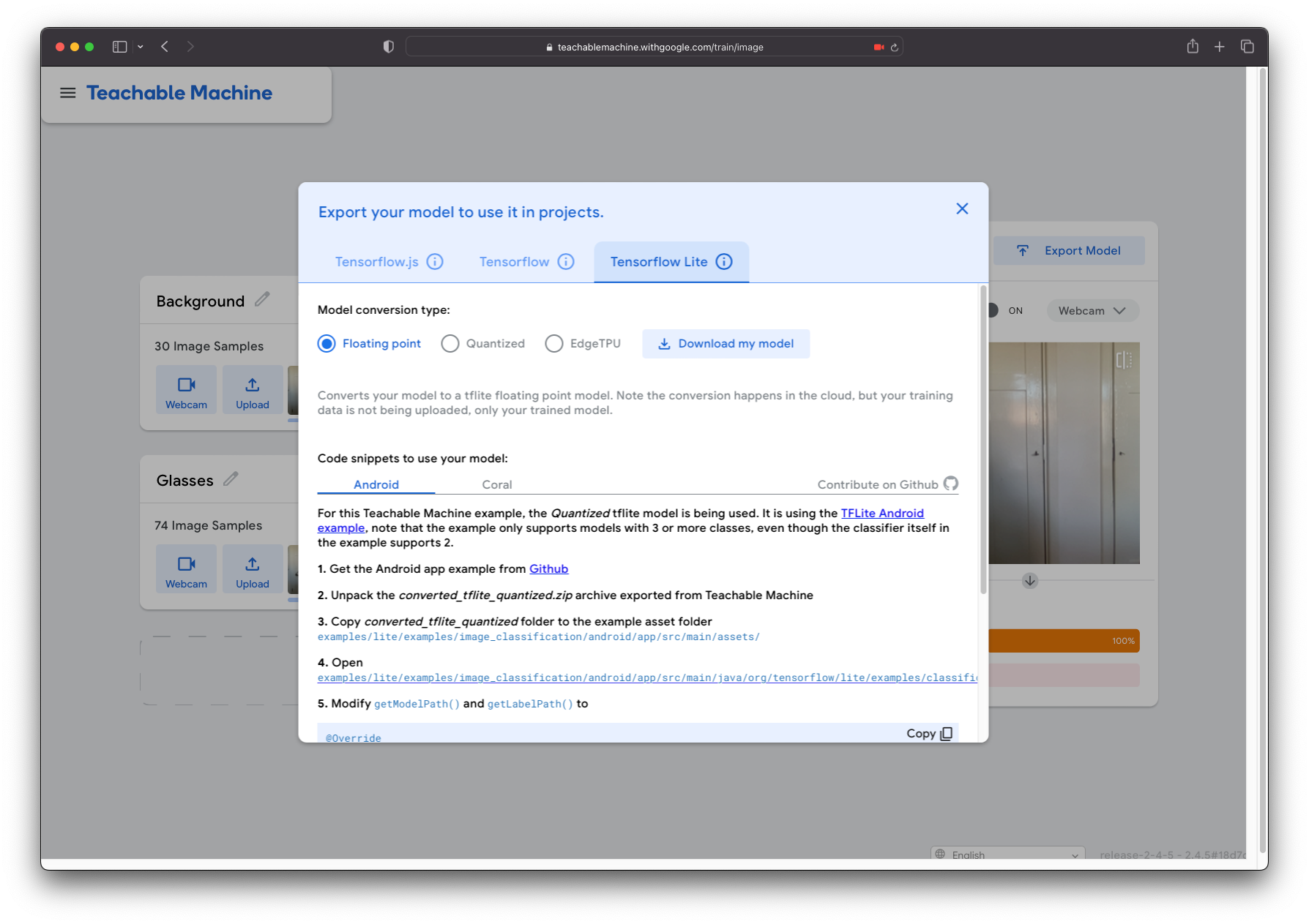 teachable machine tflite download