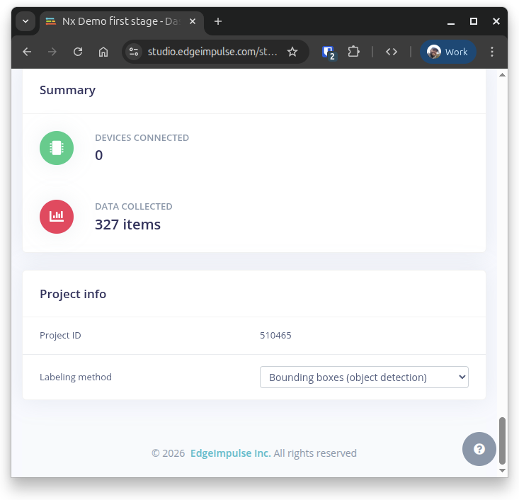 Edge Impulse project info page showing the project ID