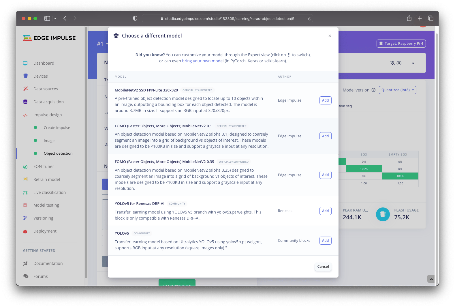 Edge Impulse model selection screen showing FOMO MobileNetV2 and YOLOv5 options