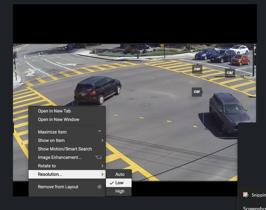 Nx client stream selector showing Primary and Low resolution options