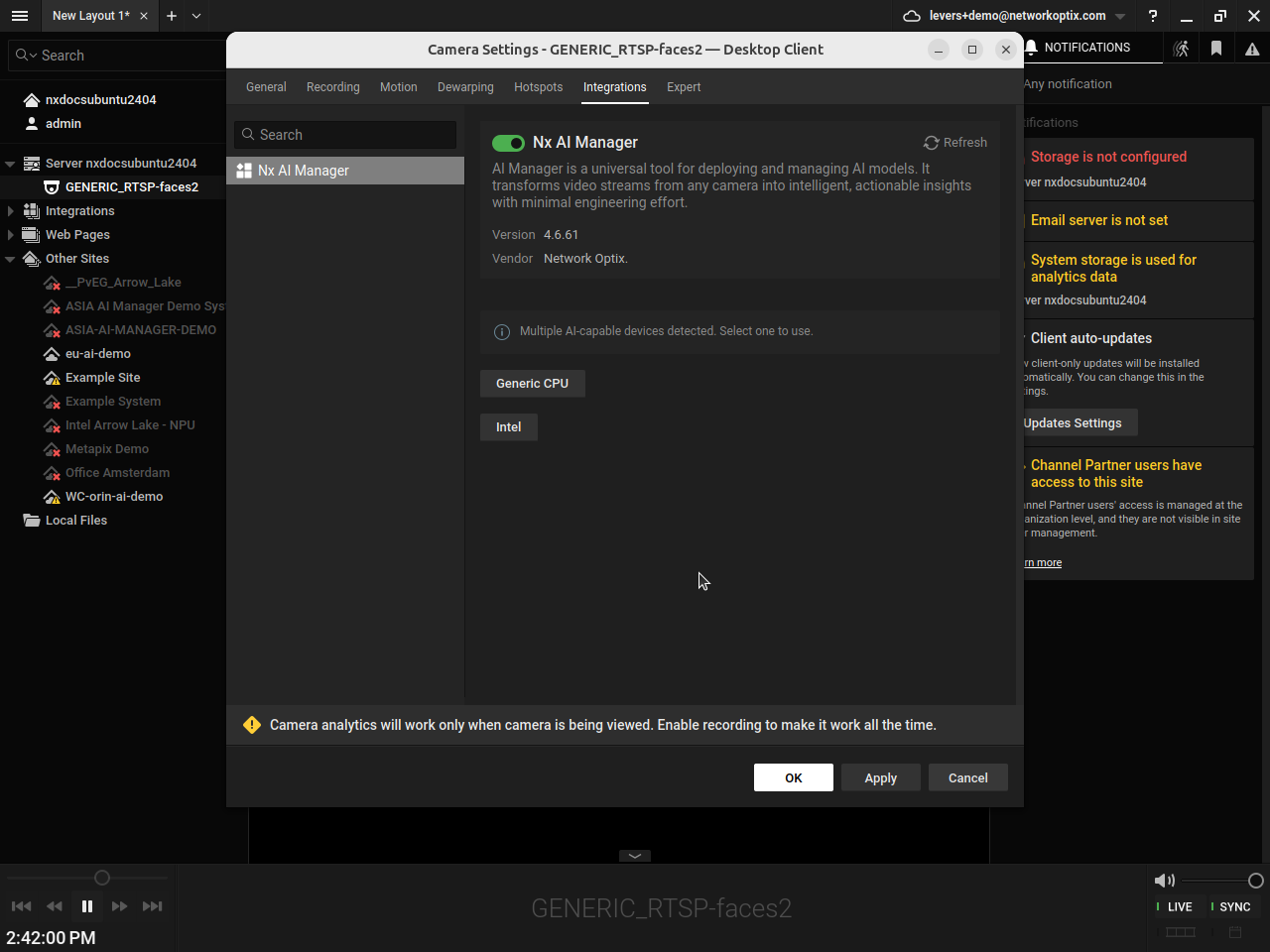 Plugin settings showing Multiple AI-capable devices detected with Generic CPU and Intel runtime options