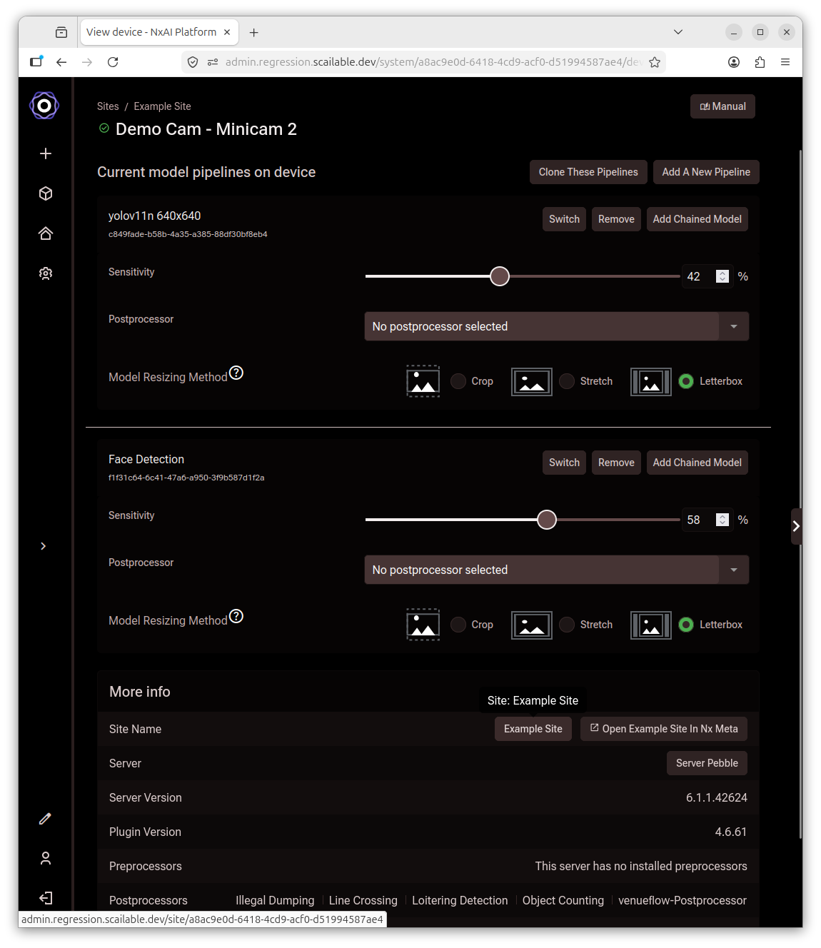 Device detail page showing two model pipelines assigned, each with sensitivity and
postprocessor controls